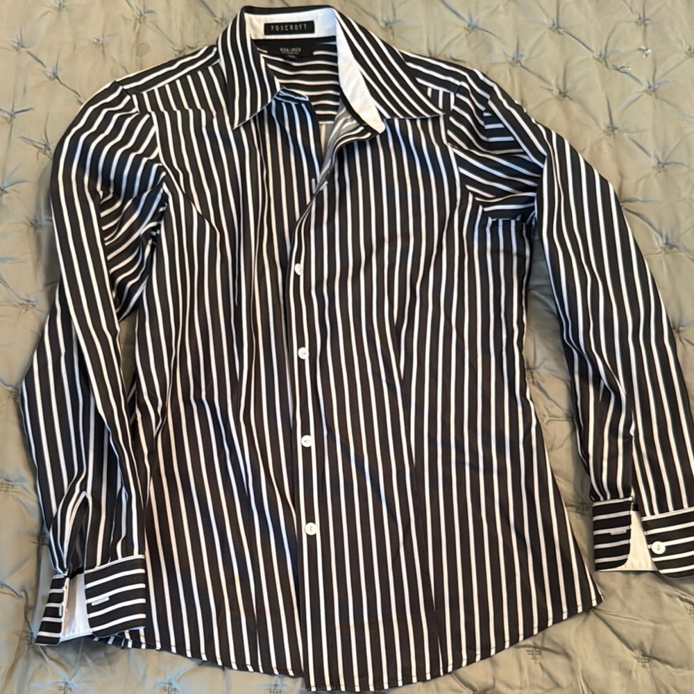 Foxcroft Black and White Striped Dress Shirt